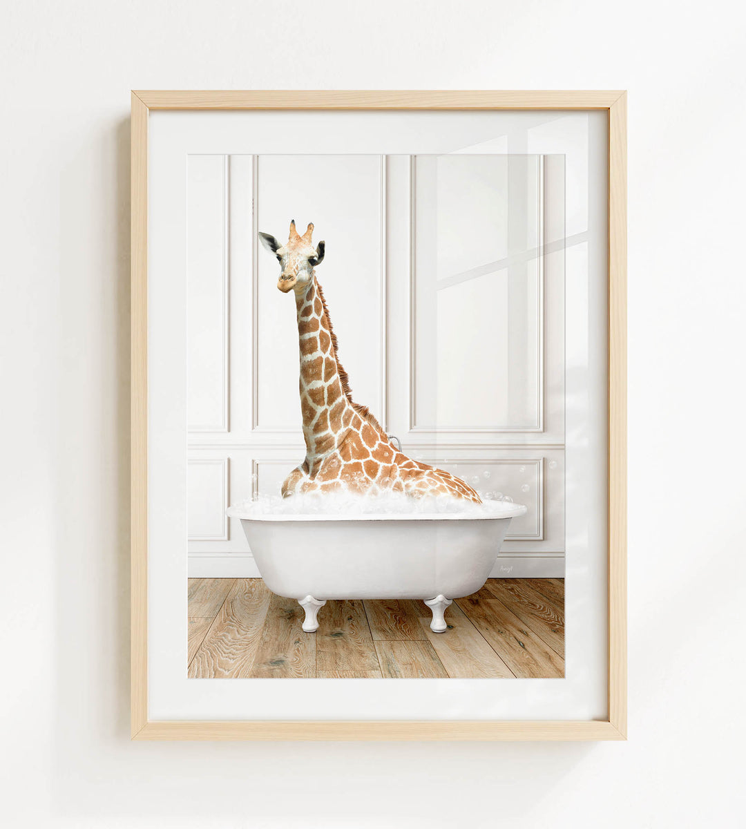 A giraffe is sitting in a white bathtub, with its head and neck raised above the water.