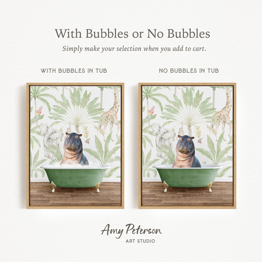 The image is a collage of two framed pictures, each depicting a hippopotamus in a bathtub. The text above the images reads "With Bubbles or No Bubbles" and below the images, it says "Simply make your selection when you add to cart."