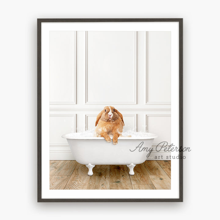 a dog sitting in a bathtub with a white wall behind it