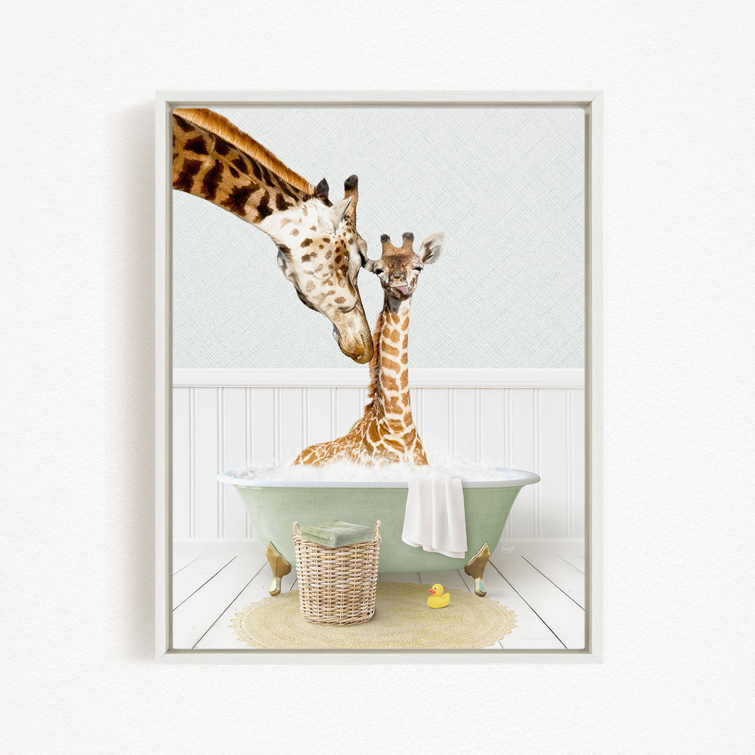 A mother giraffe and her baby giraffe are enjoying a relaxing bath in a green bathtub, surrounded by a basket of toys and a yellow rubber duck.