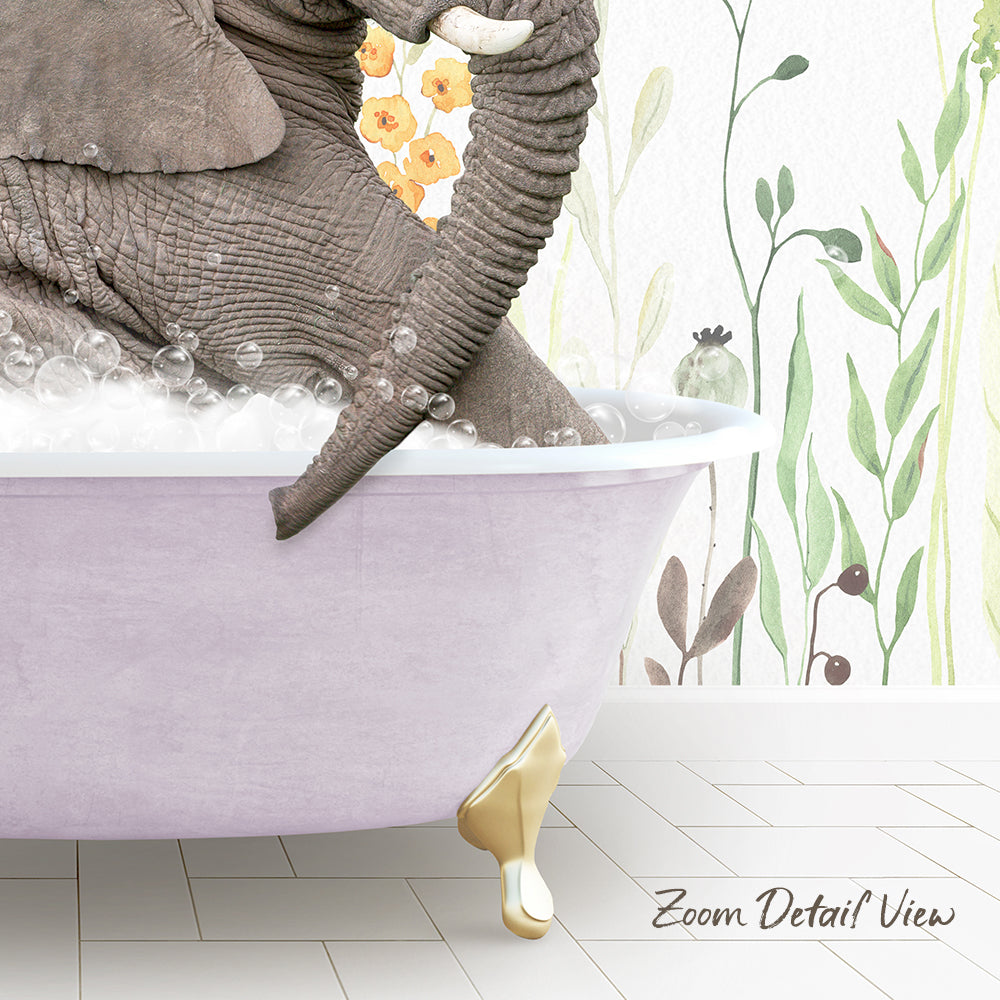 A large elephant is sitting in a bathtub filled with bubbles, surrounded by a floral patterned wall.
