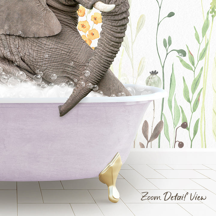 A large elephant is sitting in a bathtub filled with bubbles, surrounded by a floral patterned wall.