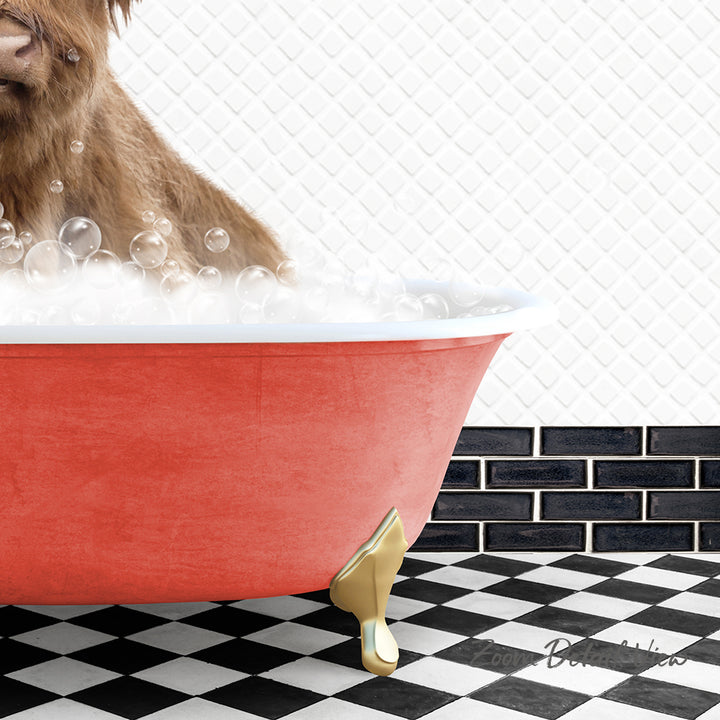 A red bathtub filled with bubbles, with a dog sitting inside and enjoying a bath.