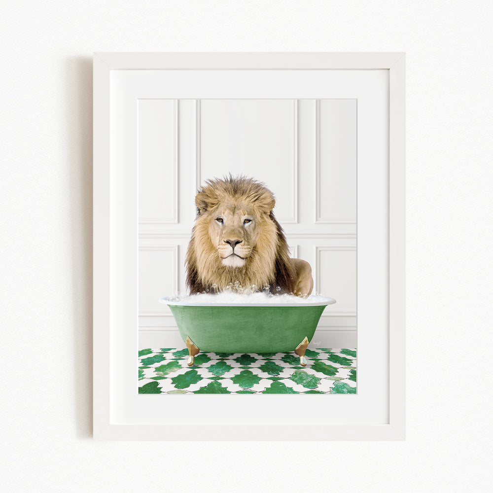 A lion sitting in a green bathtub filled with water, surrounded by a patterned green and white rug.
