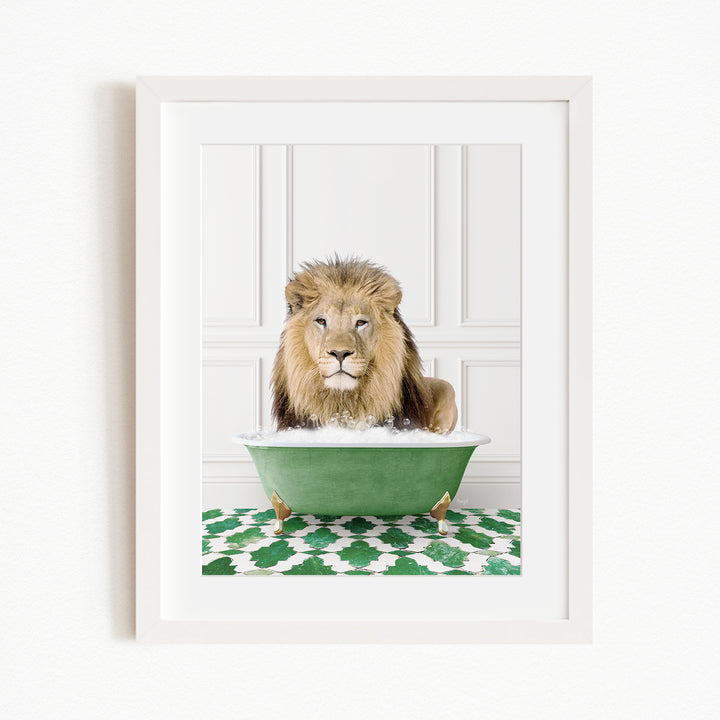 A lion sitting in a green bathtub filled with water, surrounded by a patterned green and white rug.