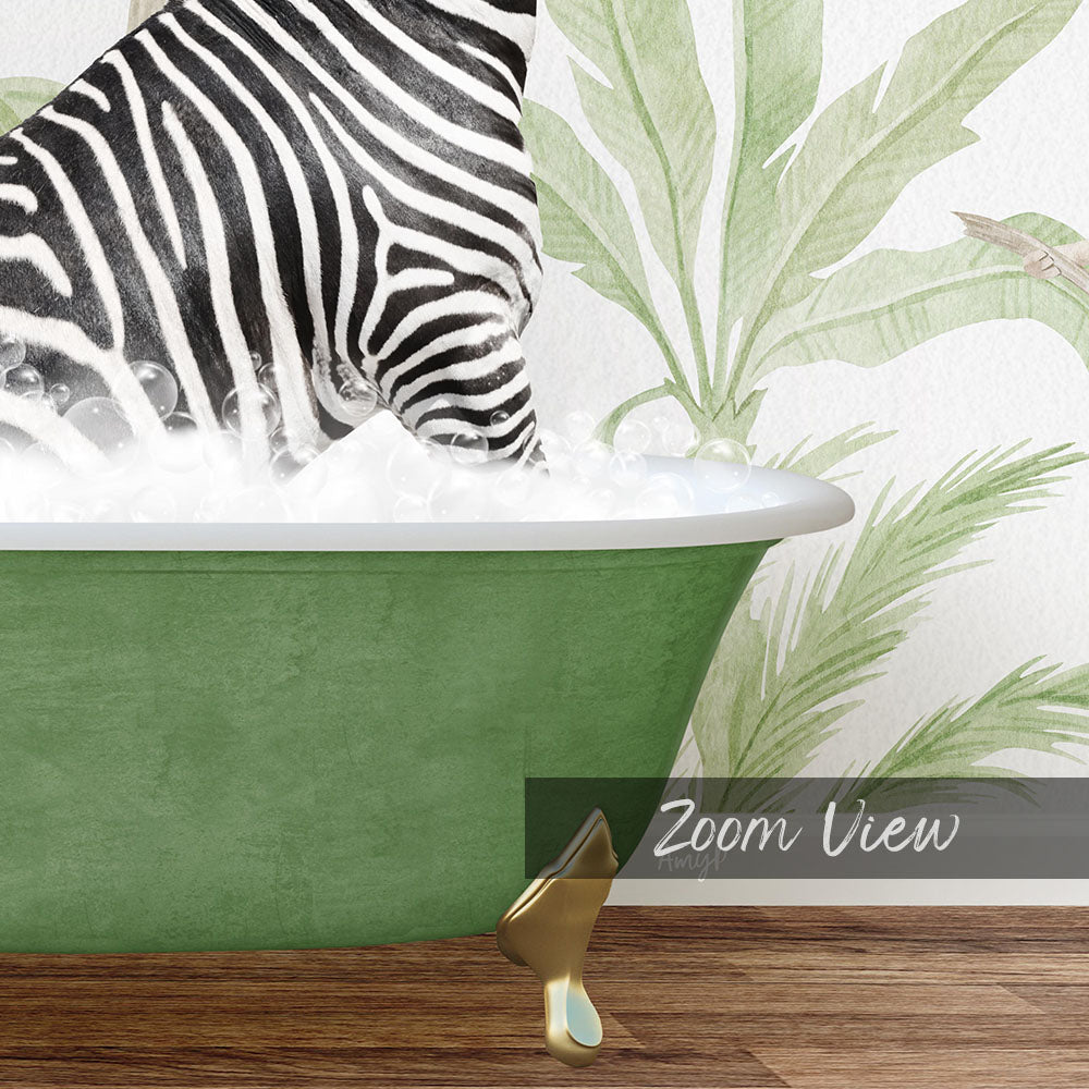 A zebra standing in a green bathtub filled with water, with a palm tree wallpaper in the background.