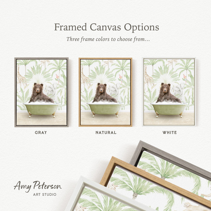 three framed canvas options featuring a brown bear sitting in a bathtub, each with a different frame color: gray, natural, and white.