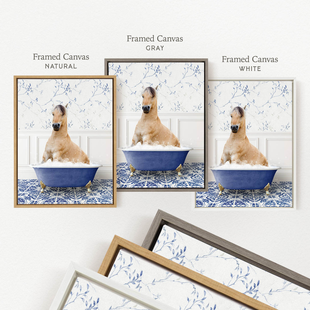 The image is a collage of three framed pictures, each featuring a horse sitting in a blue bathtub. The first picture is labeled " Framed Canvas NATURAL", the second picture is labeled " Framed Canvas GRAY", and the third picture is labeled " Framed Canvas WHITE".