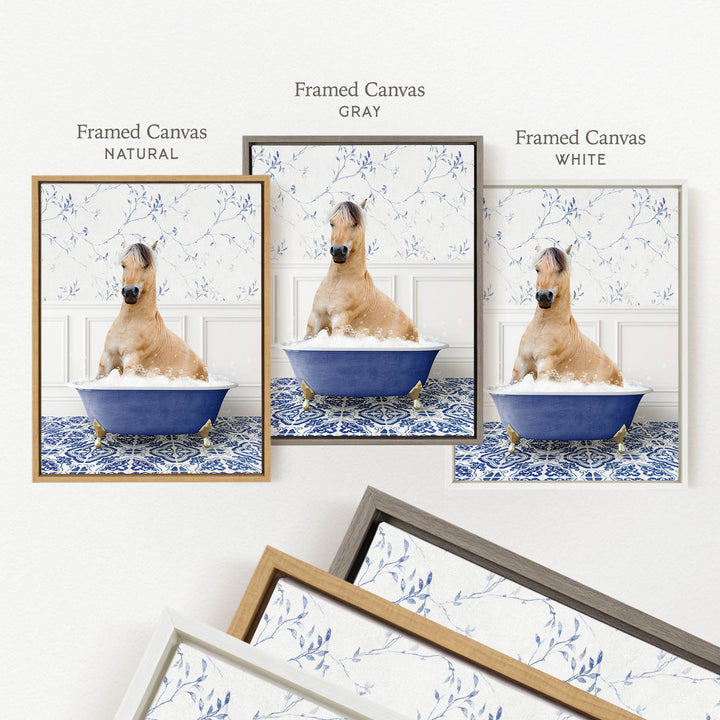 The image is a collage of three framed pictures, each featuring a horse sitting in a blue bathtub. The first picture is labeled " Framed Canvas NATURAL", the second picture is labeled " Framed Canvas GRAY", and the third picture is labeled " Framed Canvas WHITE".