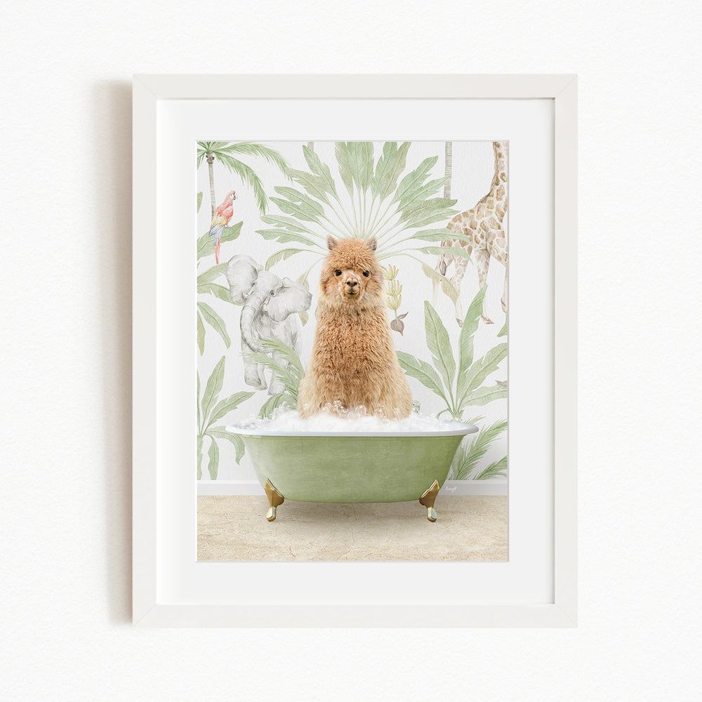 A small brown dog is sitting in a green bathtub filled with water, surrounded by a tropical wallpaper with various animals and plants.