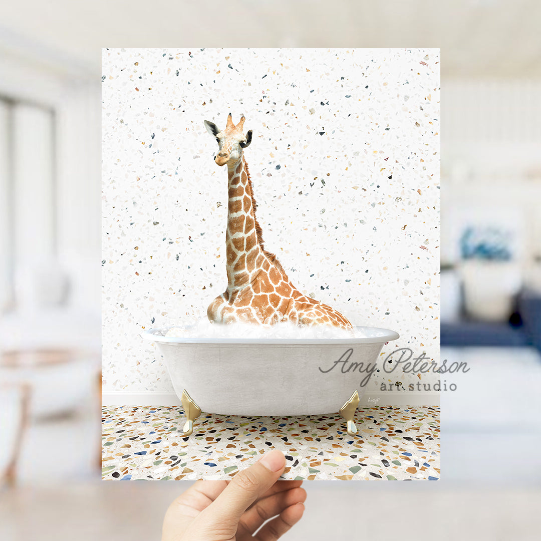 a giraffe is sitting in a bathtub