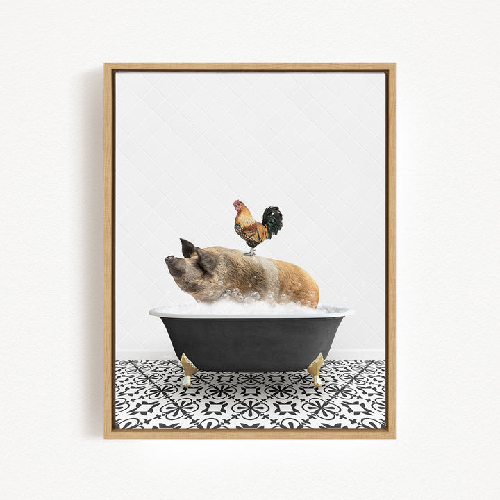 A rooster sits atop a pig in a bathtub, creating a whimsical and amusing scene.