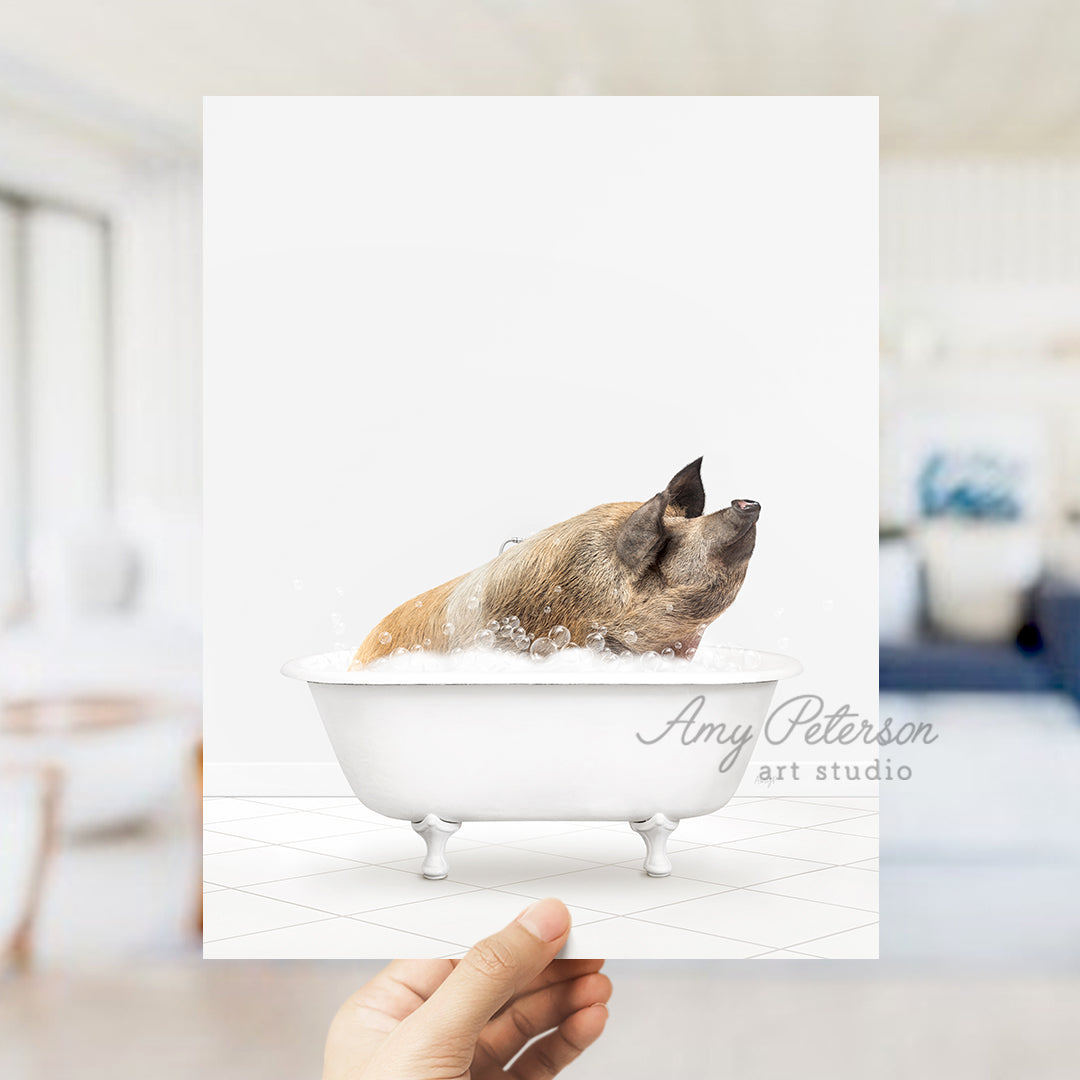 a dog taking a bath in a white bathtub