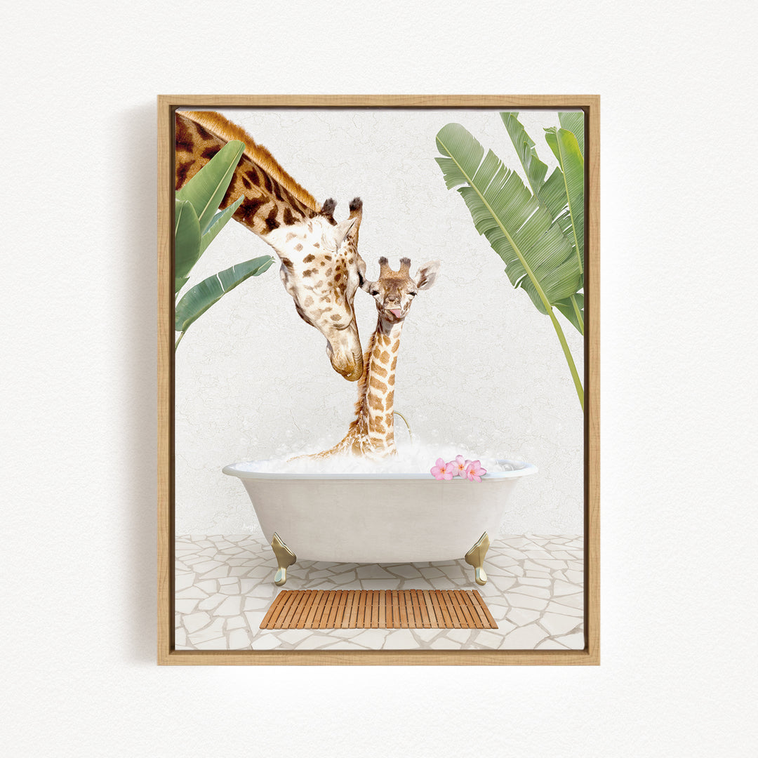 A mother giraffe and her baby giraffe enjoying a relaxing bath in a white bathtub, surrounded by lush green plants and a wooden mat on the floor.