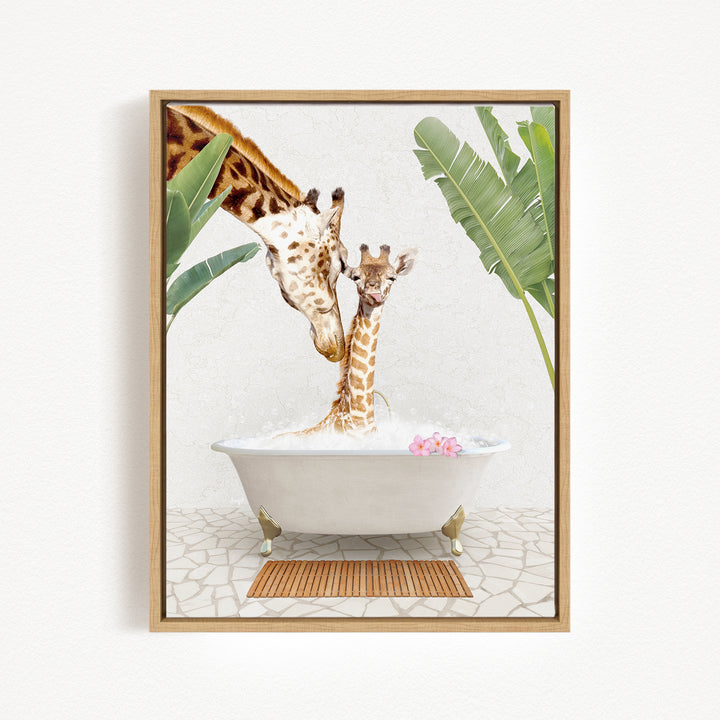 A mother giraffe and her baby giraffe enjoying a relaxing bath in a white bathtub, surrounded by lush green plants and a wooden mat on the floor.