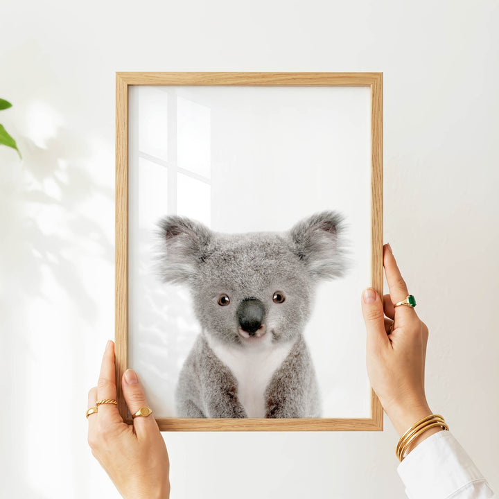 A person's hands are holding a wooden frame with a picture of a koala inside it.