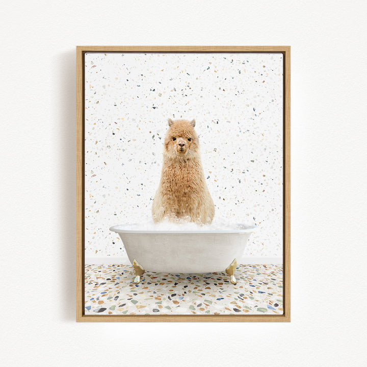 A fluffy brown dog sitting in a white bathtub filled with water, surrounded by a speckled tiled floor.