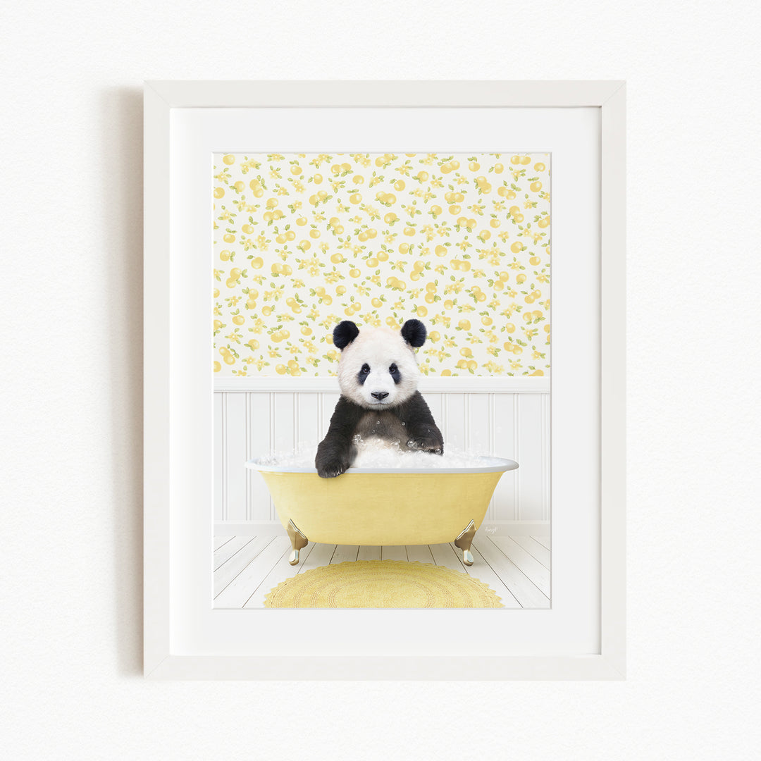 A panda bear sitting in a yellow bathtub, surrounded by a yellow floral wallpaper.