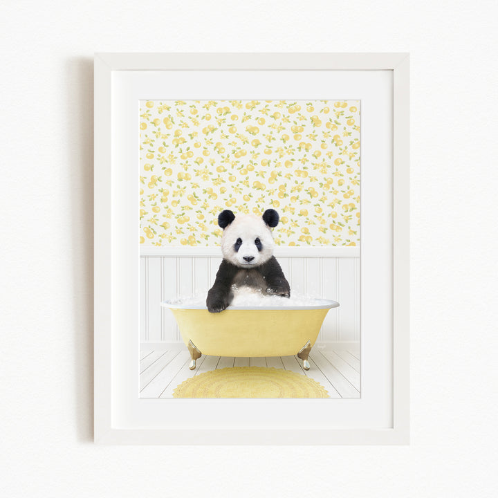 A panda bear sitting in a yellow bathtub, surrounded by a yellow floral wallpaper.