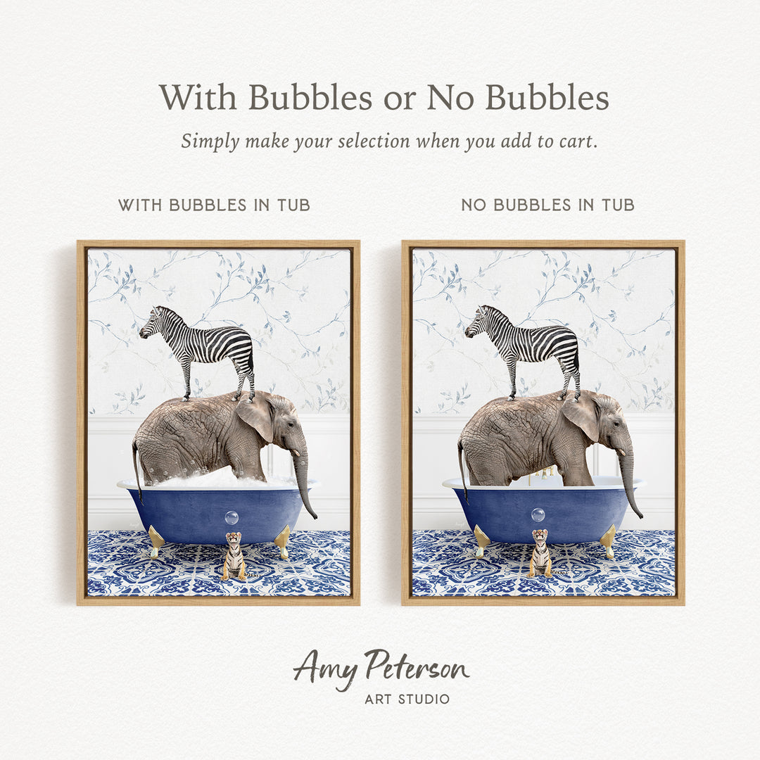 The image is a collage of two framed pictures. In the left frame, a zebra is standing on an elephant's back while the elephant is in a bathtub filled with bubbles. In the right frame, a zebra is standing on an elephant's back while the elephant is in a bathtub without bubbles. The collage features two different scenes of animals in bathtubs, one with bubbles and one without bubbles.