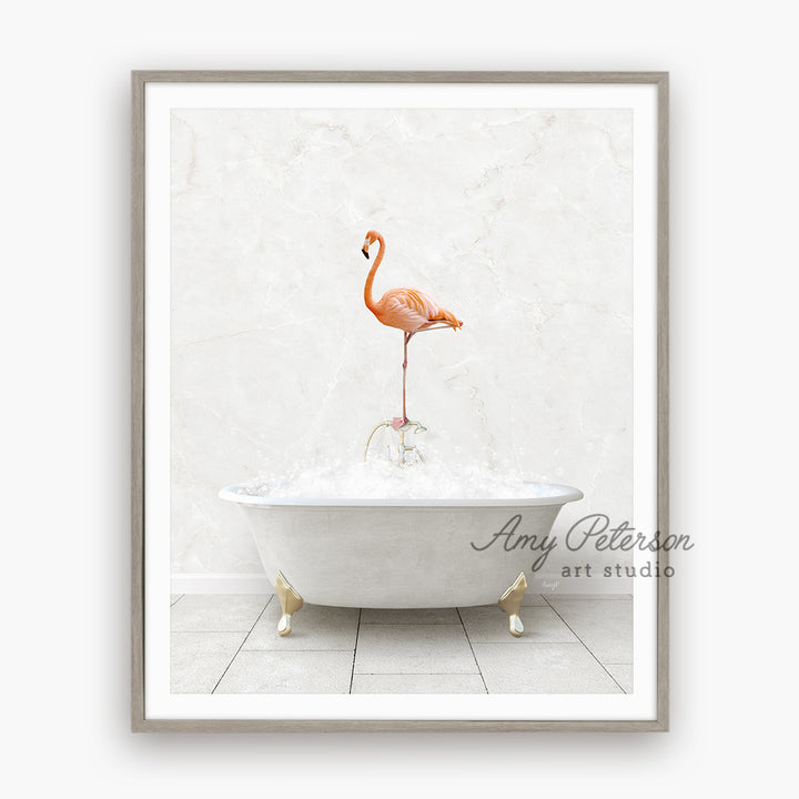 a pink flamingo standing on top of a bathtub