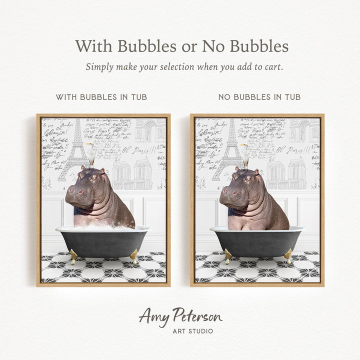 The image is a collage of two framed pictures, each featuring a hippopotamus sitting in a bathtub. The text above the images reads "With Bubbles or No Bubbles" and below the images, it says "Simply make your selection when you add to cart."