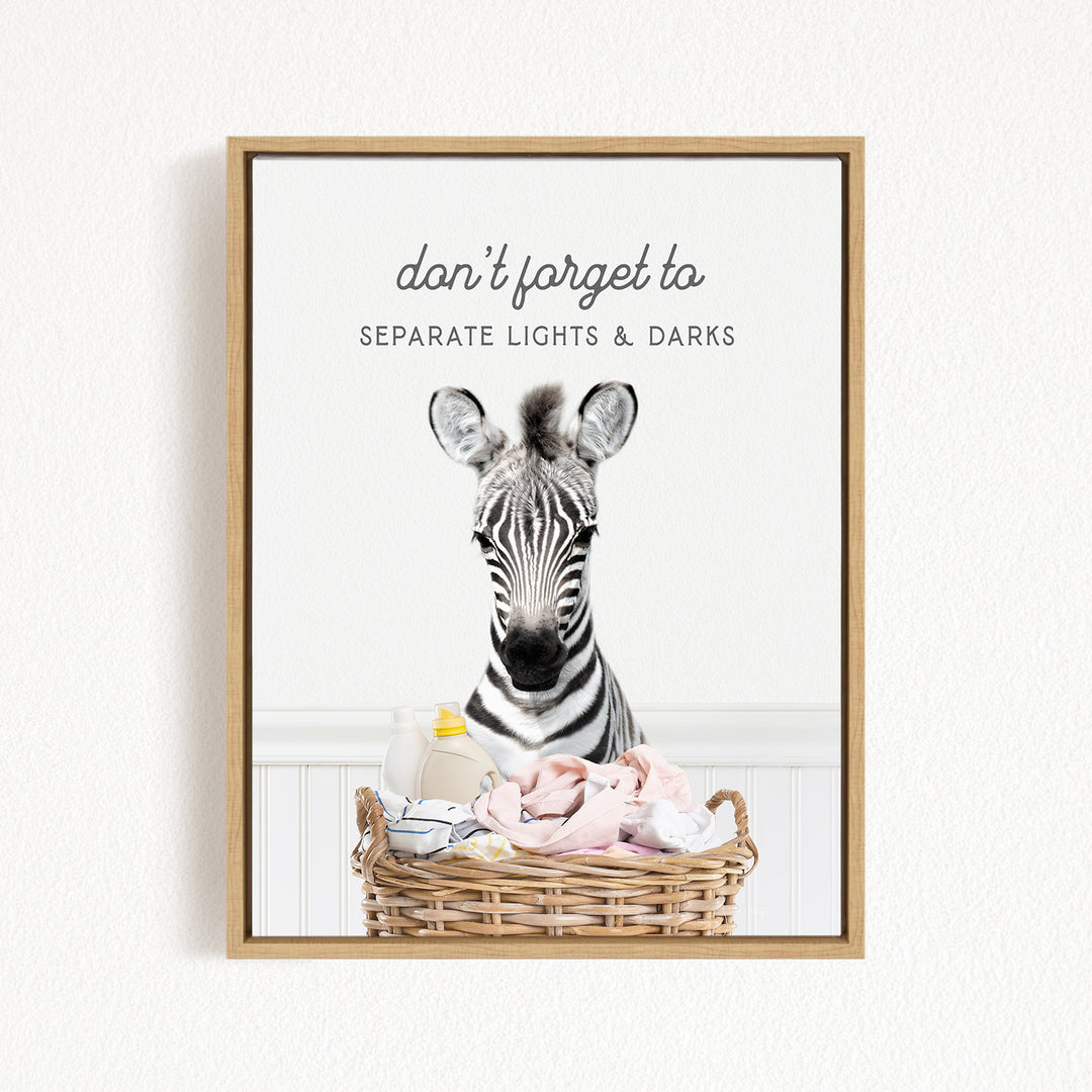 A framed print featuring a zebra's head in profile, with a basket of baby clothes below it. The text above the zebra reads "don't forget to separate lights & darks".