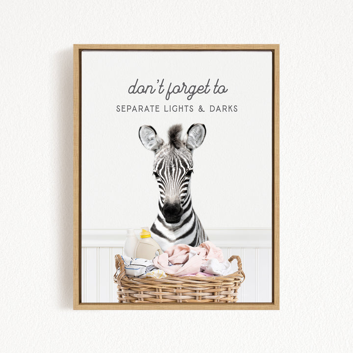 A framed print featuring a zebra's head in profile, with a basket of baby clothes below it. The text above the zebra reads "don't forget to separate lights & darks".