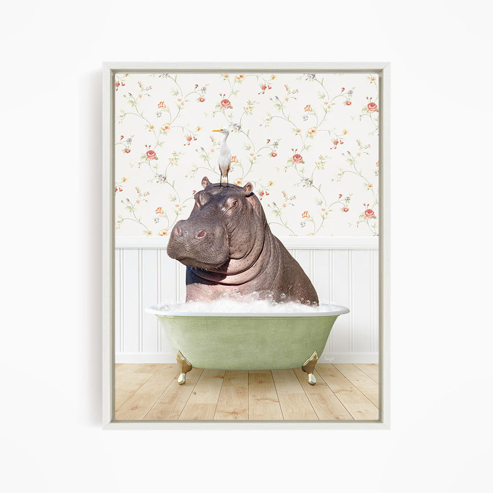 A hippopotamus sitting in a green bathtub, with a bird perched on its head.