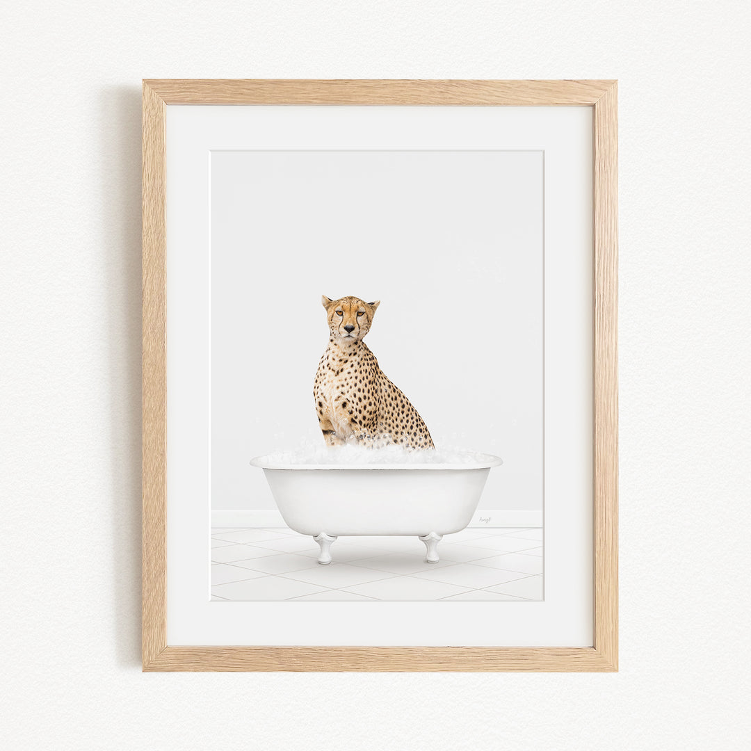 A cheetah sitting in a white bathtub filled with water, creating a playful and whimsical scene.