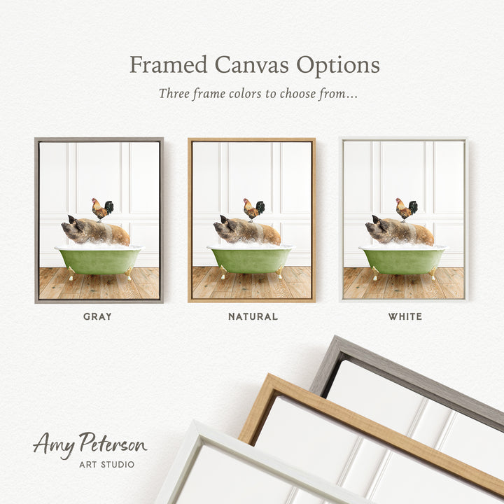 The image is a collage of three framed canvas options, each featuring a different color: gray, natural, and white. The options are displayed in a grid format, with each option having a corresponding image of a dog sitting in a bathtub.