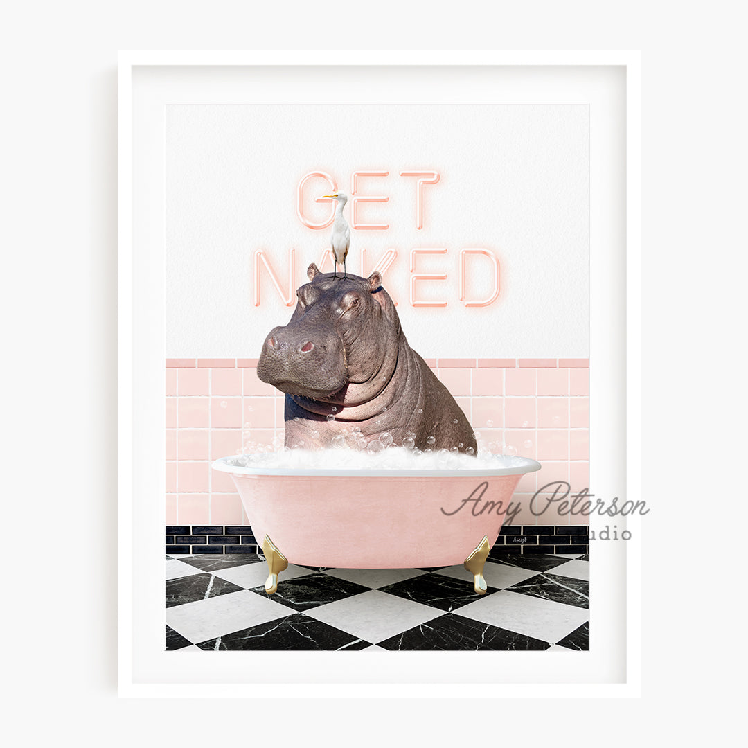 a hippo in a pink bathtub with a neon sign in the background