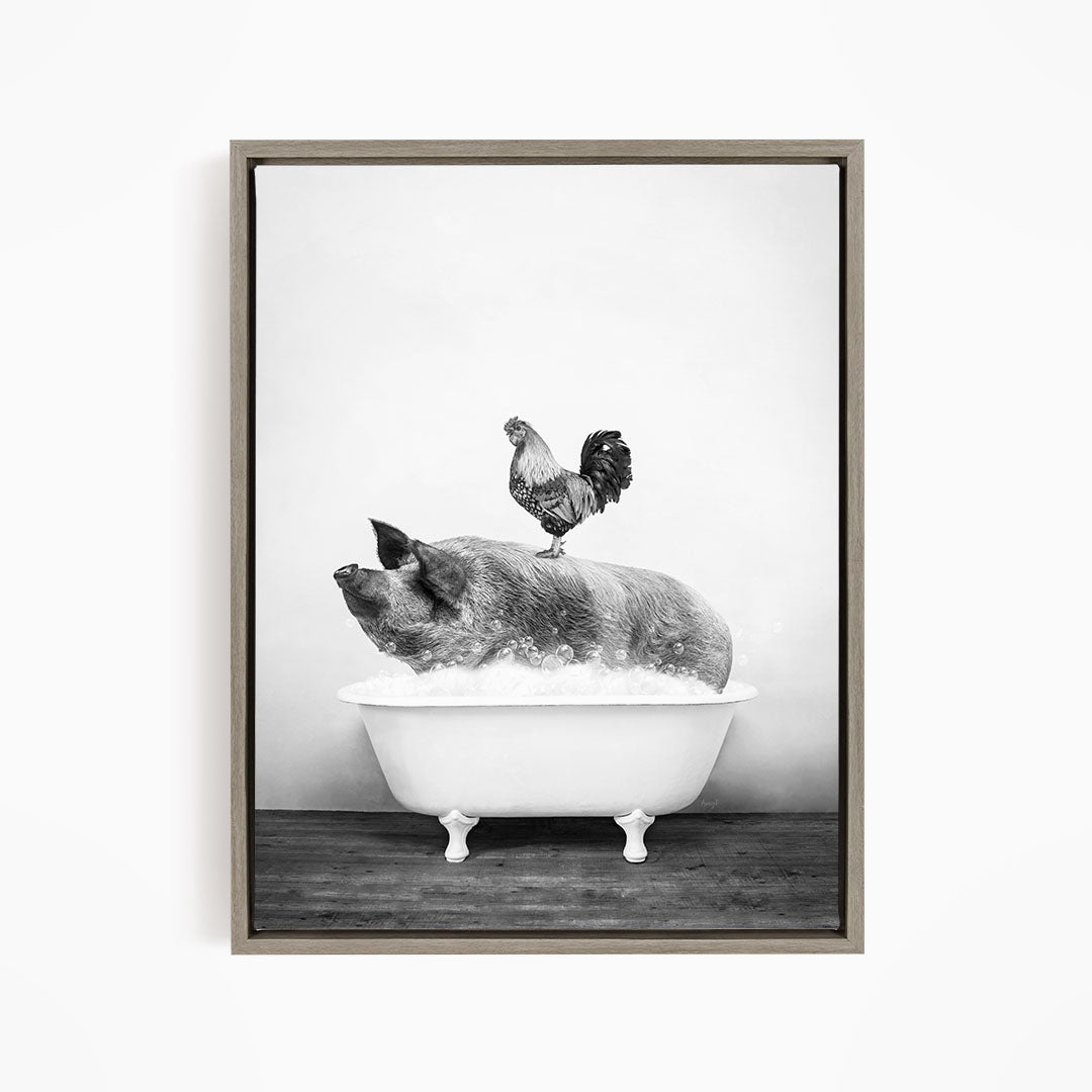A rooster stands on a pig's back while the pig is sitting in a bathtub filled with water.
