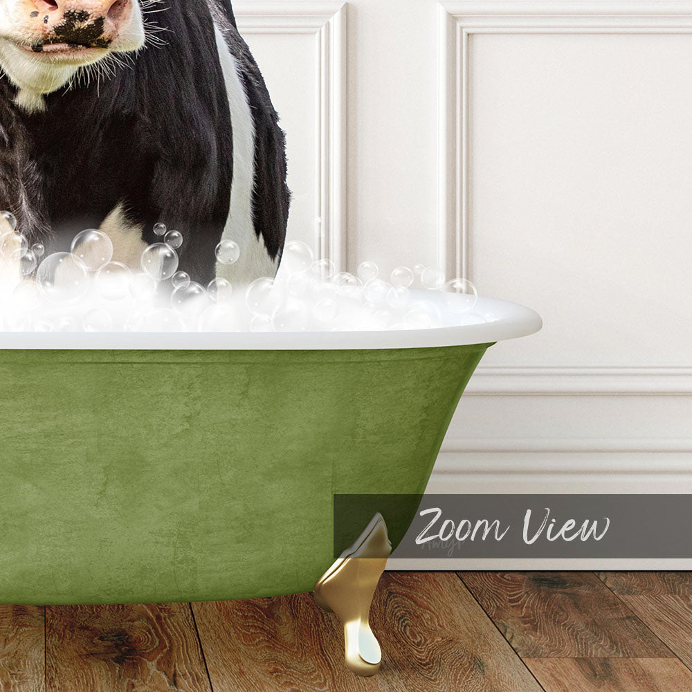 A black and white cow standing in a green bathtub filled with bubbles, with a white wall in the background.
