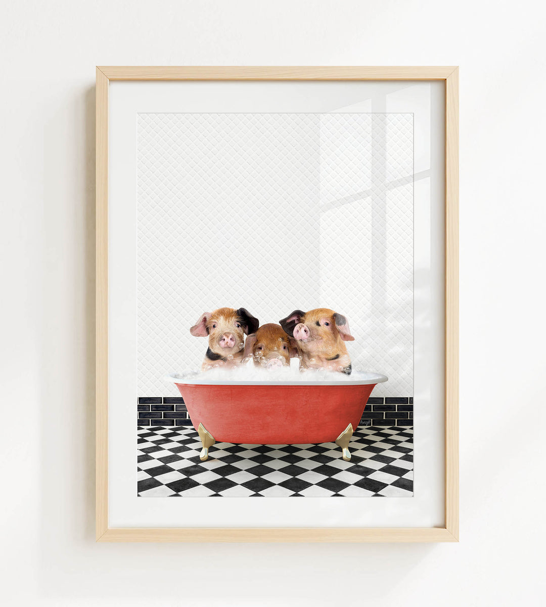 Three adorable pigs sitting in a red bathtub on a black and white checkered floor.