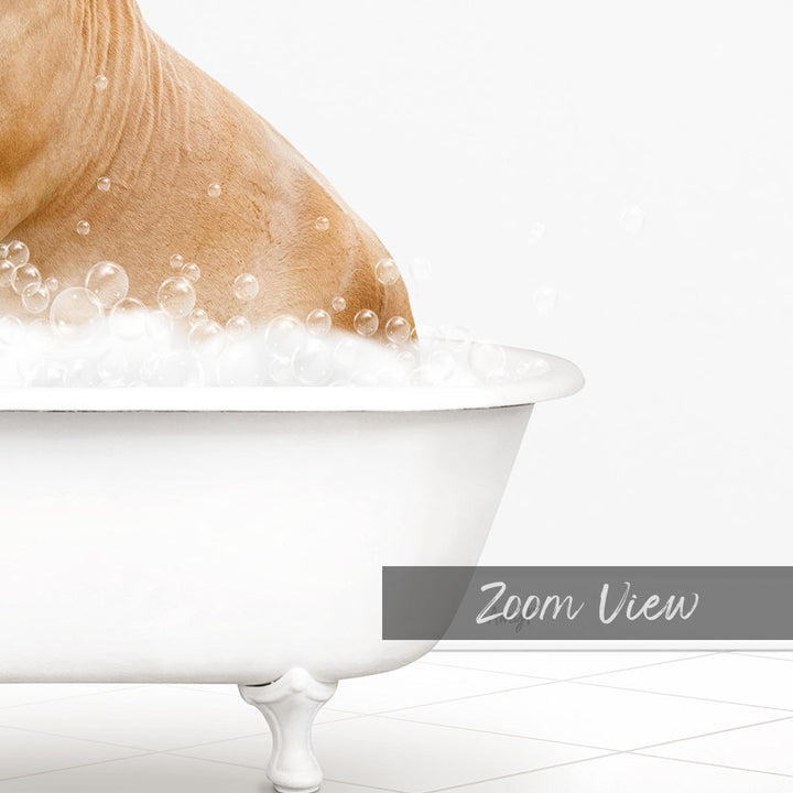 A close-up of a person's body partially submerged in a white bathtub filled with bubbles, with the word "Zoom View" written in the bottom right corner.