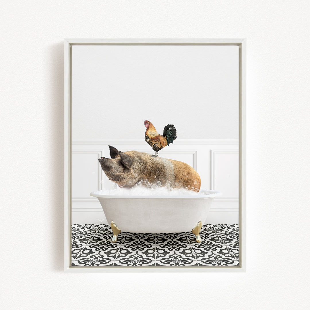 A rooster sits atop a pig in a bathtub, creating a whimsical and amusing scene.