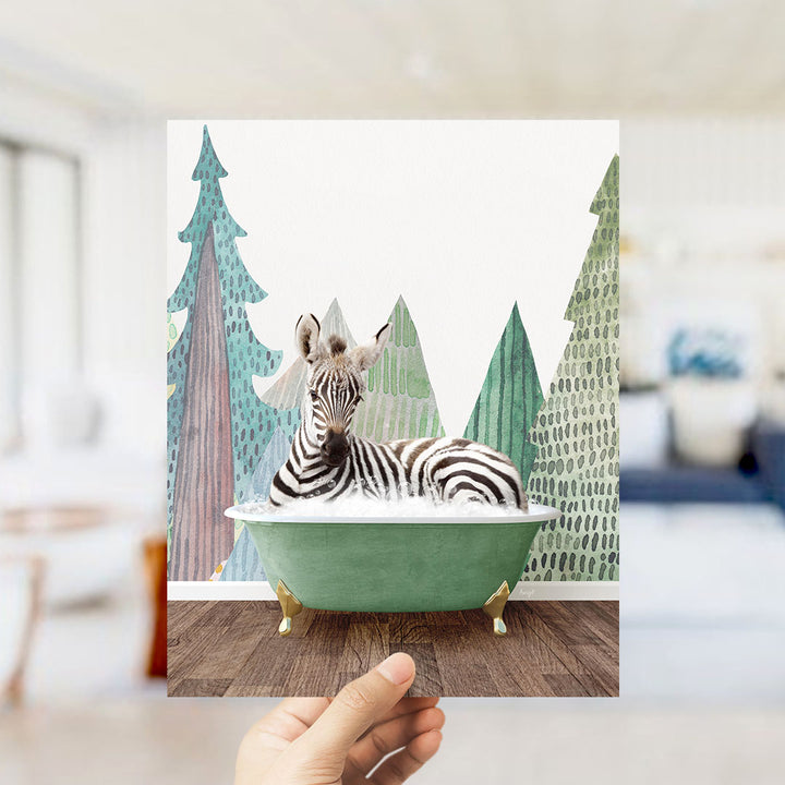 A zebra is sitting in a green bathtub, surrounded by trees and a snowy landscape, creating a whimsical and playful scene.