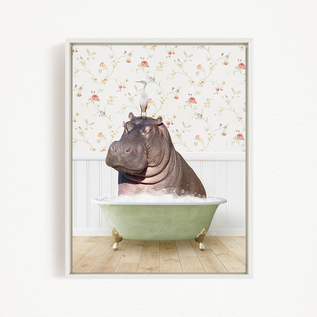 A hippopotamus sitting in a green bathtub, with a bird perched on its head.