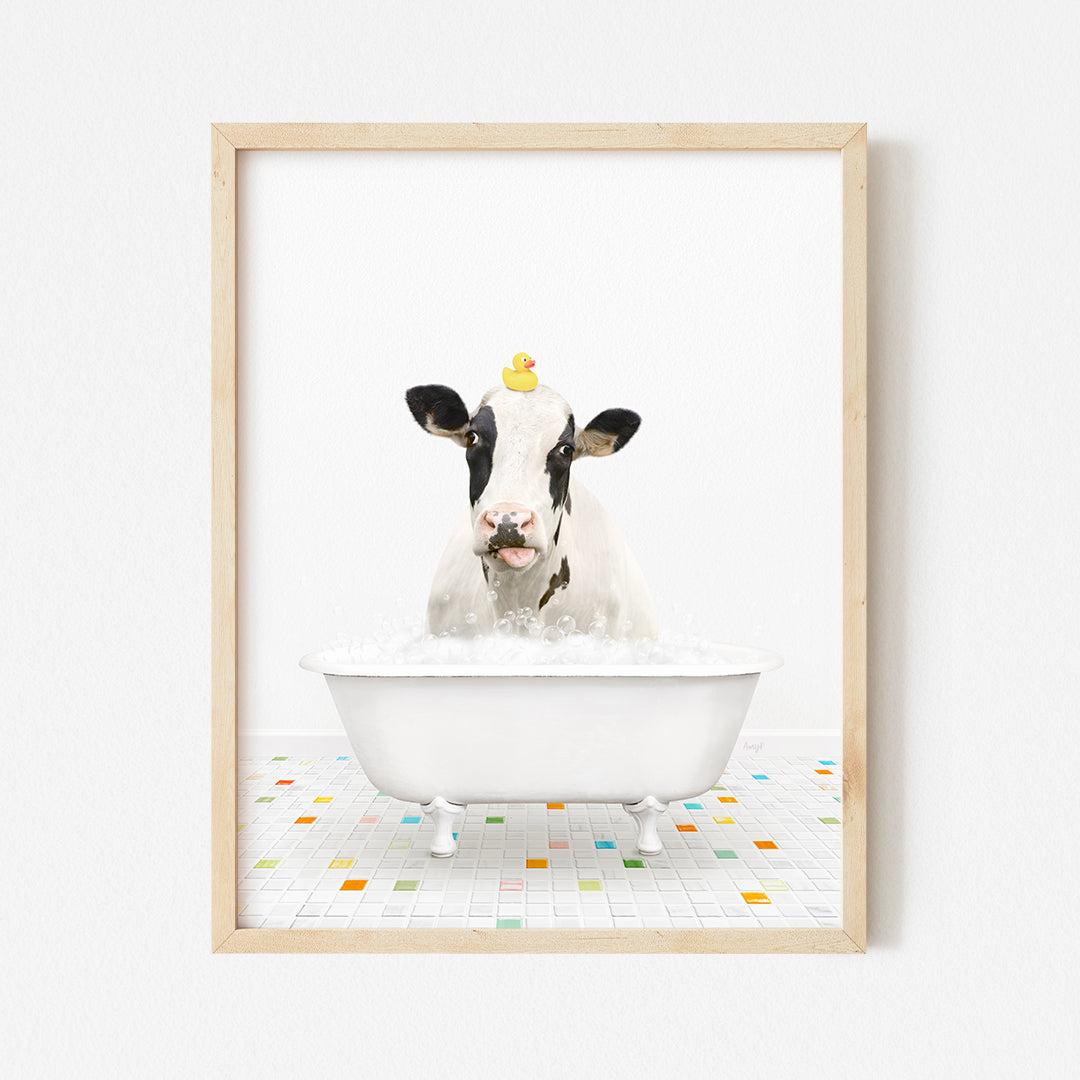 a cow is taking a bath in a bathtub