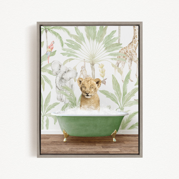 A young lion cub is sitting in a green bathtub, surrounded by various animals such as a giraffe, elephant, and parrot, all set against a tropical jungle backdrop.