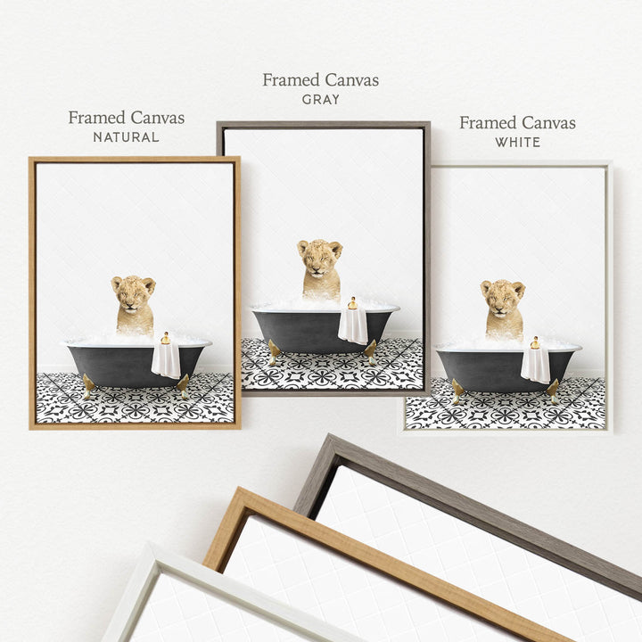 three framed pictures of a lion sitting in a bathtub, each with a different colored frame.