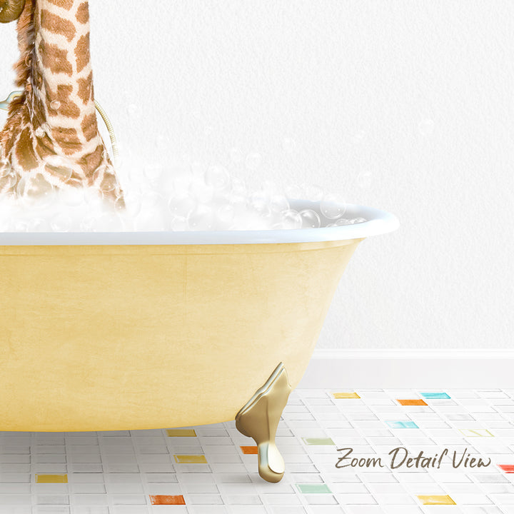 A giraffe standing in a yellow bathtub filled with bubbles, with a colorful tiled floor in the background.