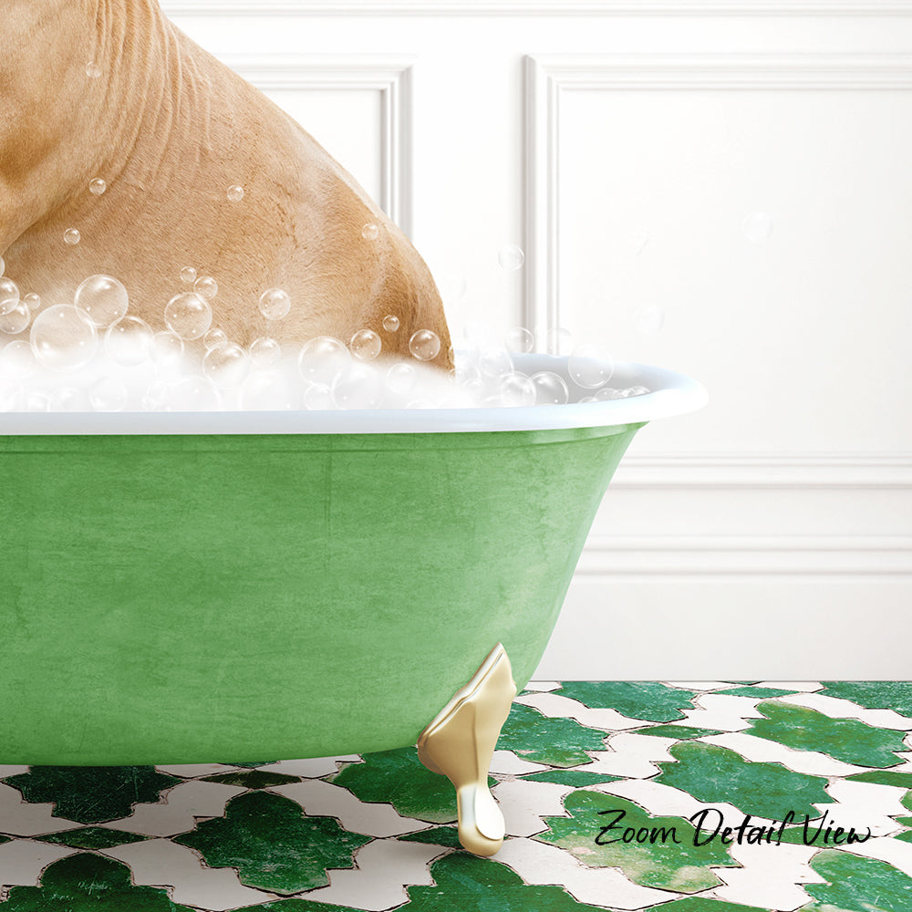 A dog is taking a bath in a green bathtub, surrounded by bubbles, with a patterned tile floor in the background.