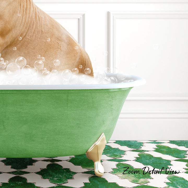 A dog is taking a bath in a green bathtub, surrounded by bubbles, with a patterned tile floor in the background.