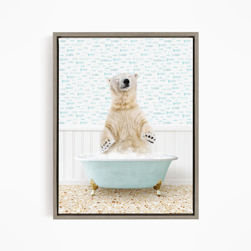 A polar bear standing in a bathtub filled with water, surrounded by a pattern of fish.