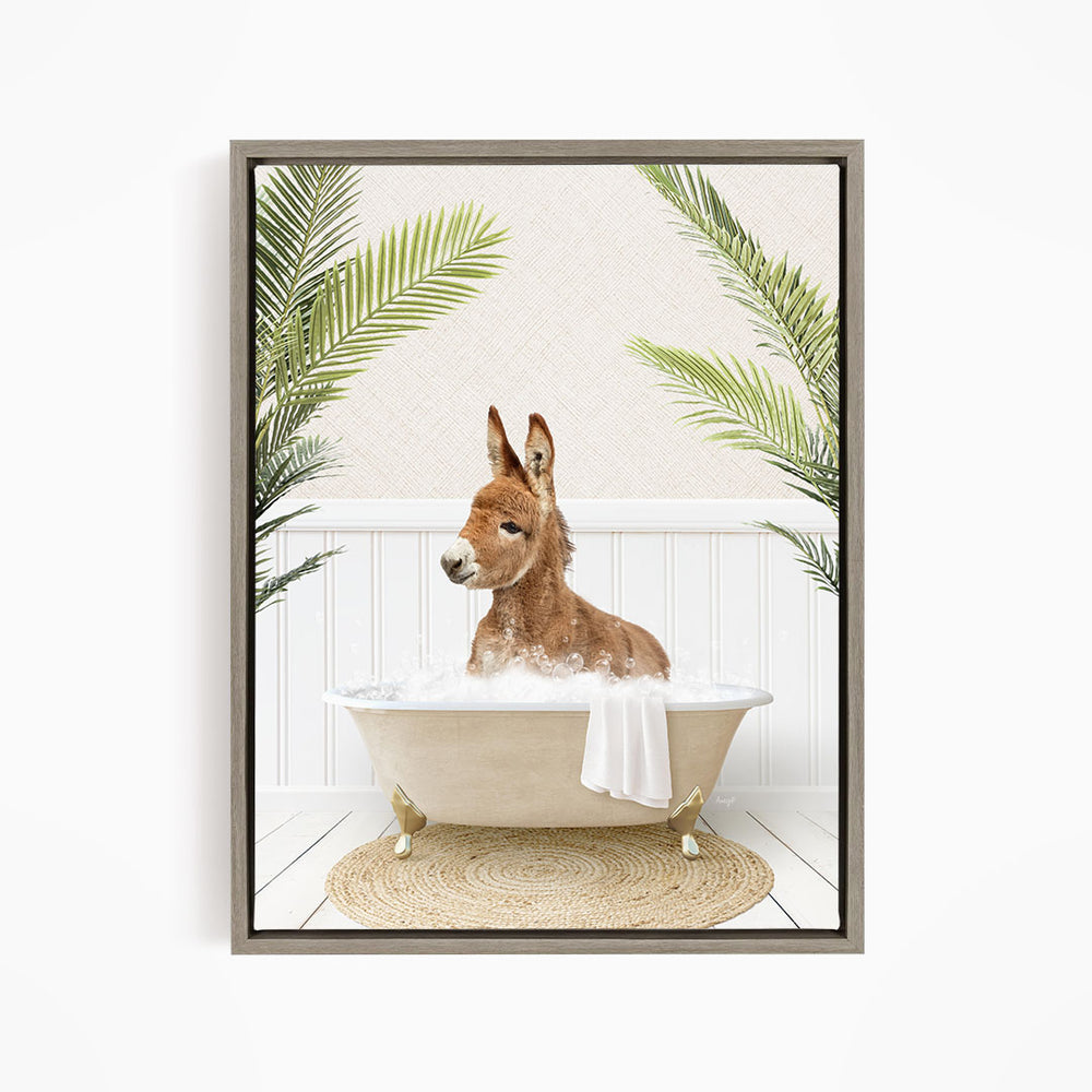A donkey is sitting in a bathtub filled with water, surrounded by palm leaves, creating a whimsical and playful scene.