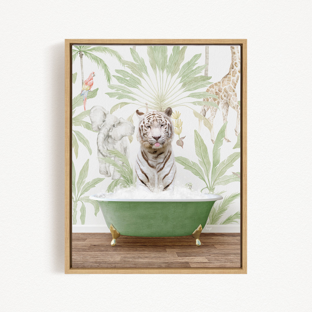 A framed image depicting a tiger sitting in a green bathtub, surrounded by various animals such as a giraffe, elephant, and parrot, all set against a tropical wallpaper background.