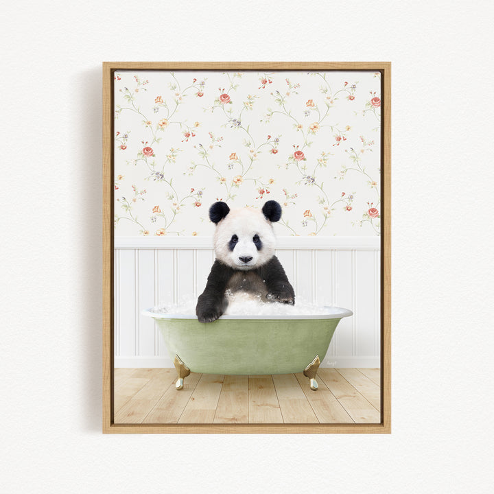 A panda bear sitting in a green bathtub, surrounded by a floral wallpaper.