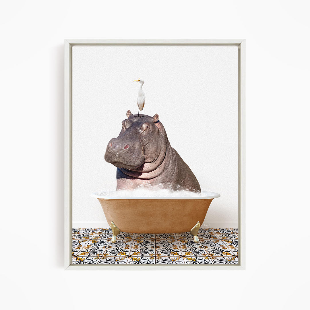 A large hippopotamus is sitting in a bathtub filled with water, with a seagull perched on its head.